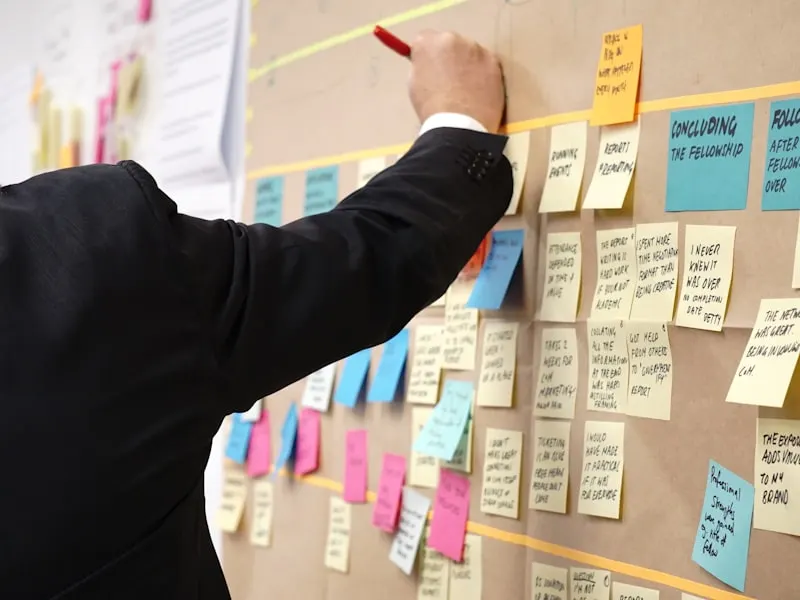 Post-its de cadrage sur un mur, structuration d'un projet documentaire